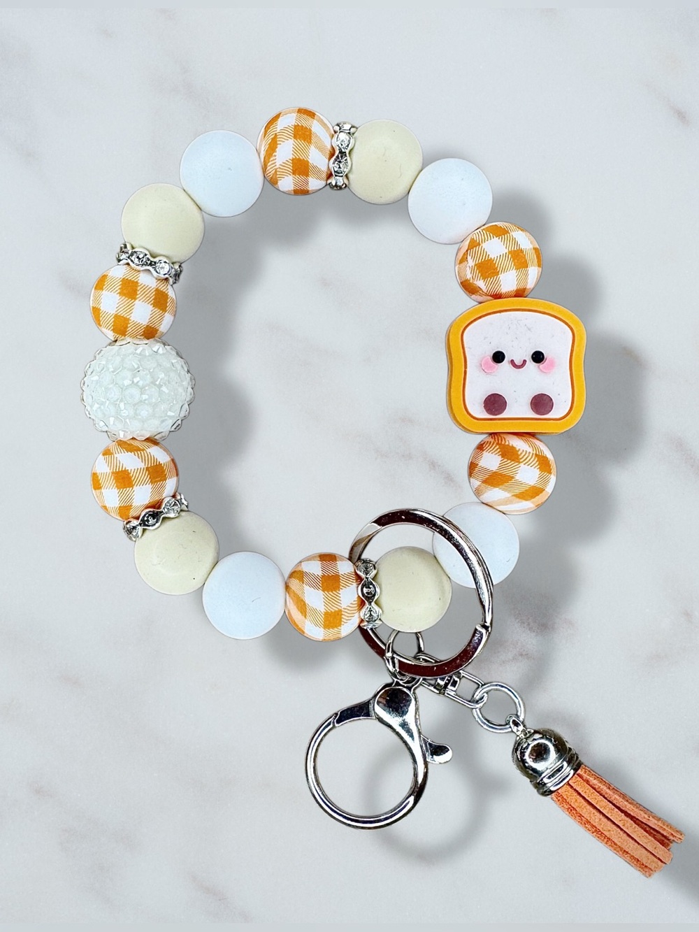 Toast Beaded Wristlet Keychain with Tassel